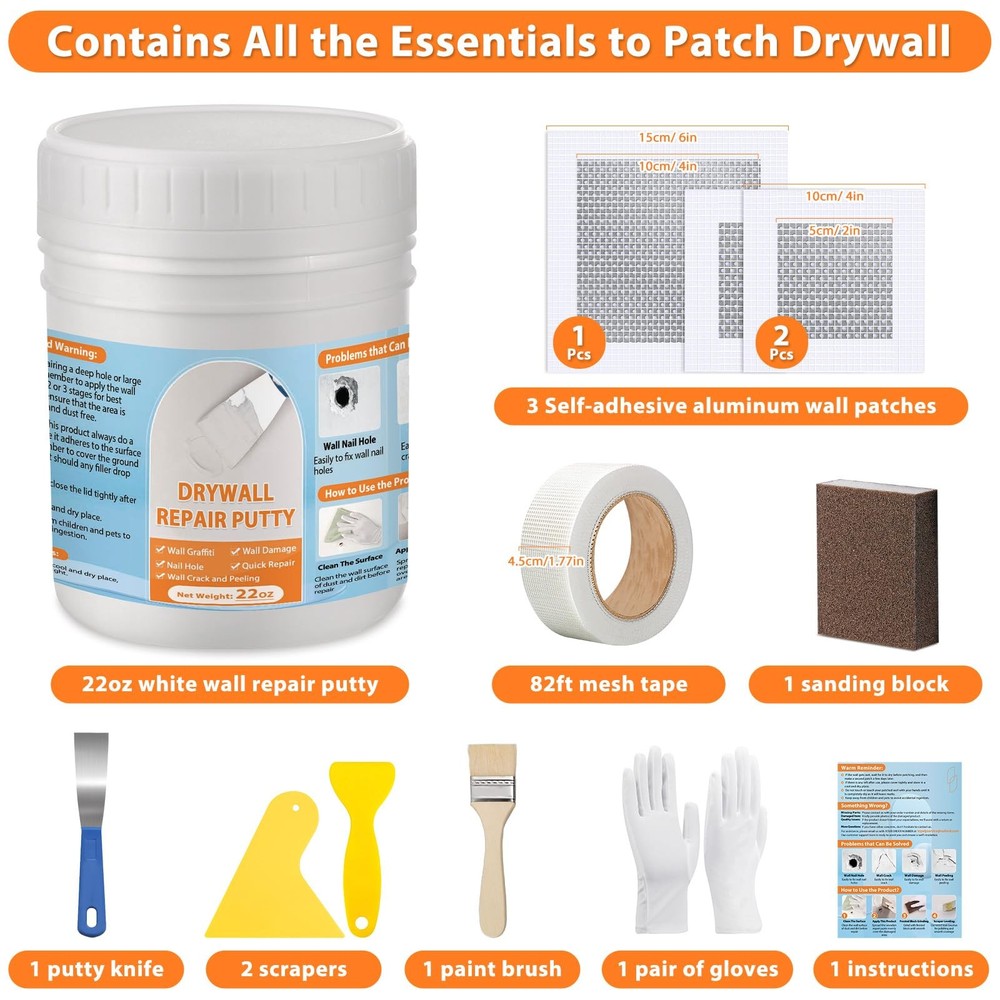 Dry Wall Patch Repair Kit, 22OZ Spackle Paste White Putty white