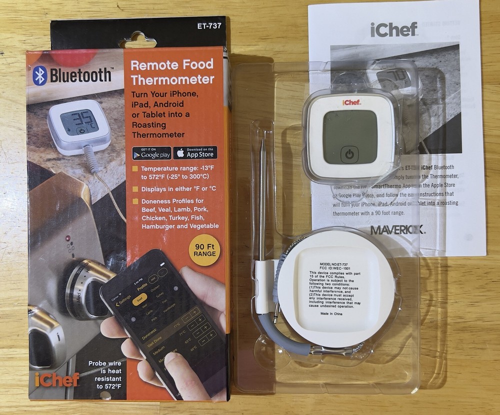 Maverick iChef Food Thermometer Bluetooth Remote 90ft Range App Roasting