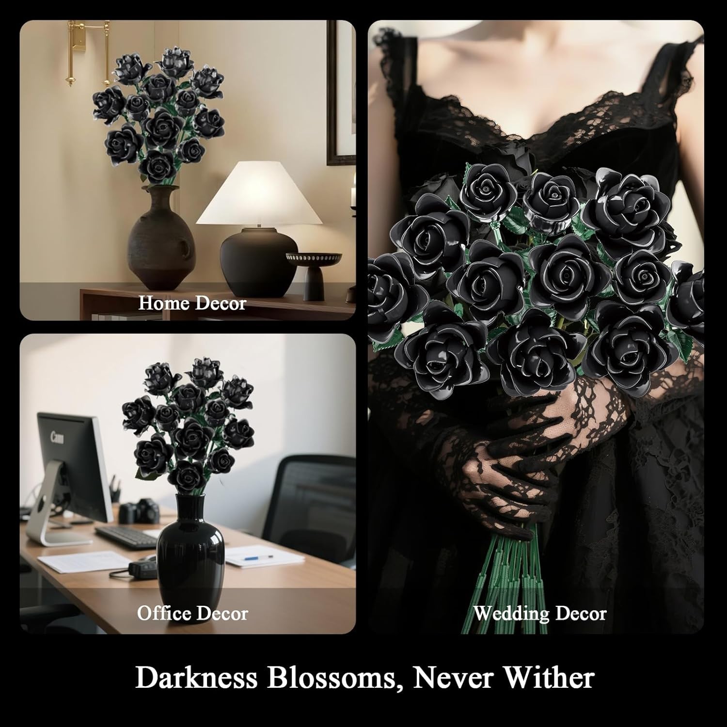 Black Roses Bouquet Building Set, 585 pcs, Gothic Home Decor, Adult