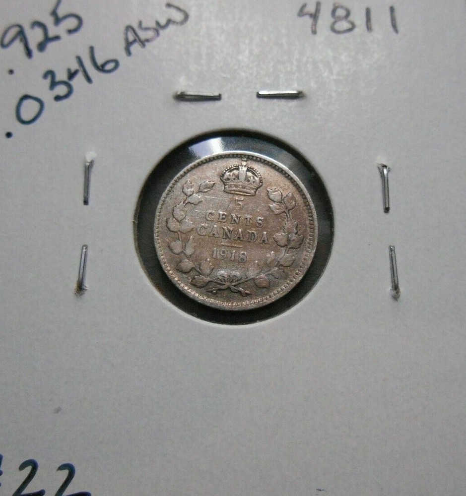 1918 Canada 5 Cent - .925 SILVER - .0346 ASW
