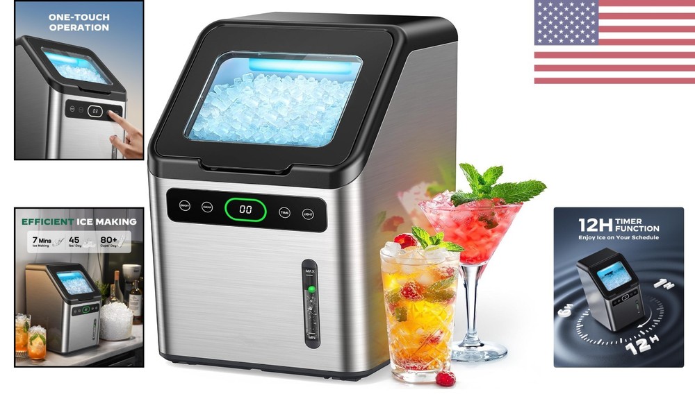 Compact Stainless Steel Nugget Ice Machine - 44lbs Daily & Timer Function