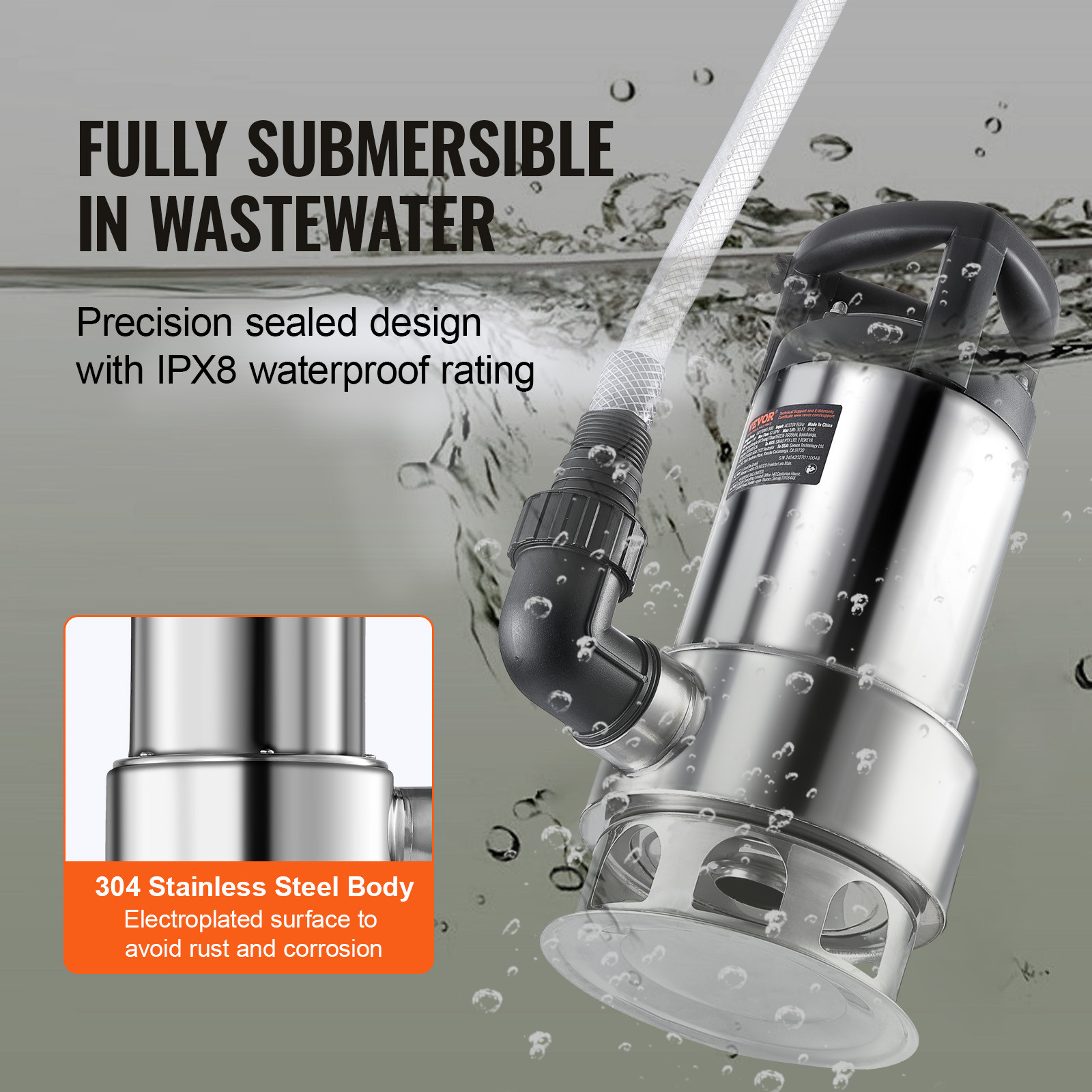 VEVOR 1HP Submersible Sump Pump 4020GPH 30FT Stainless Steel Automatic Switch
