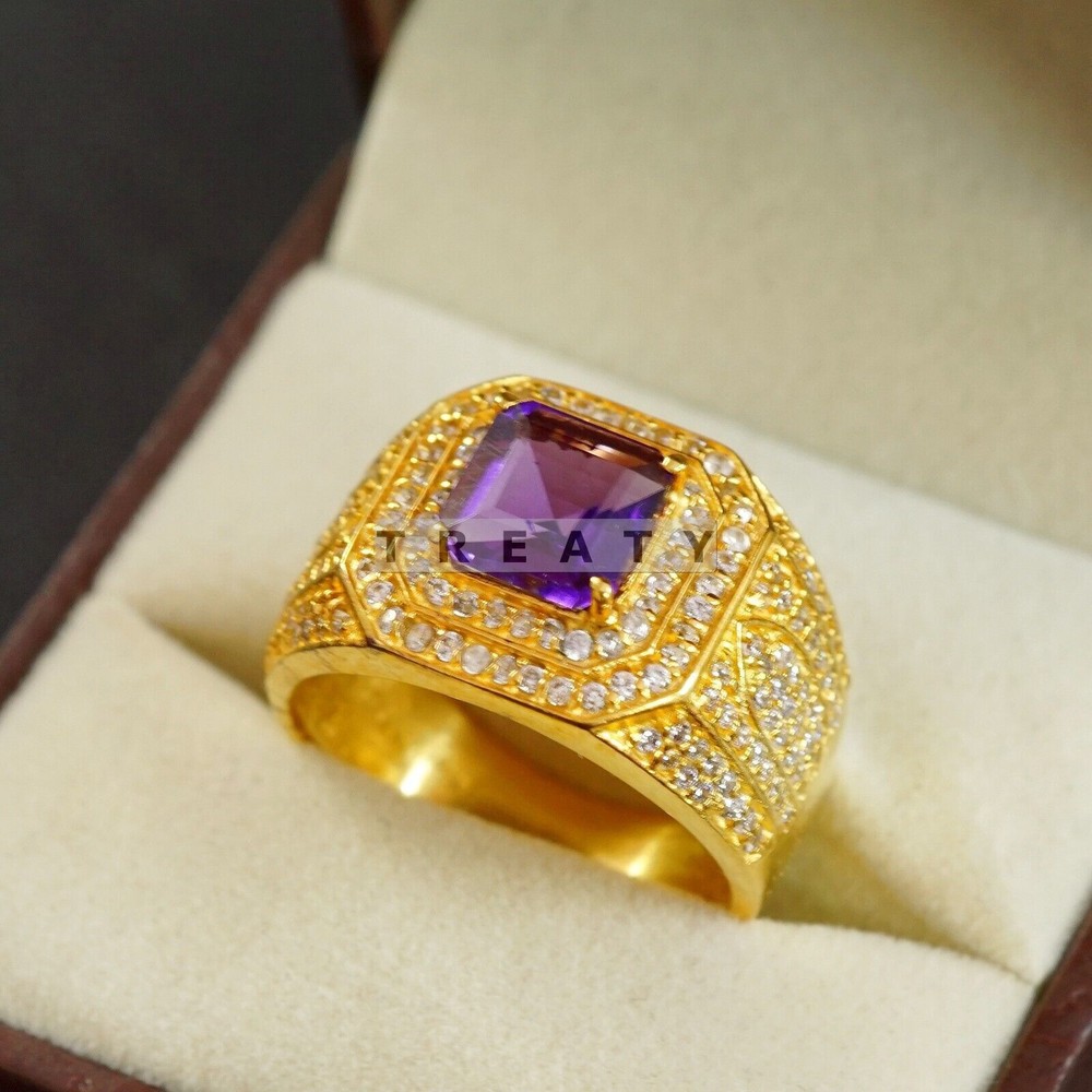 Amethyst Emerald Cut Gemstone With 14K Solid Gold Ring For Men's #B712