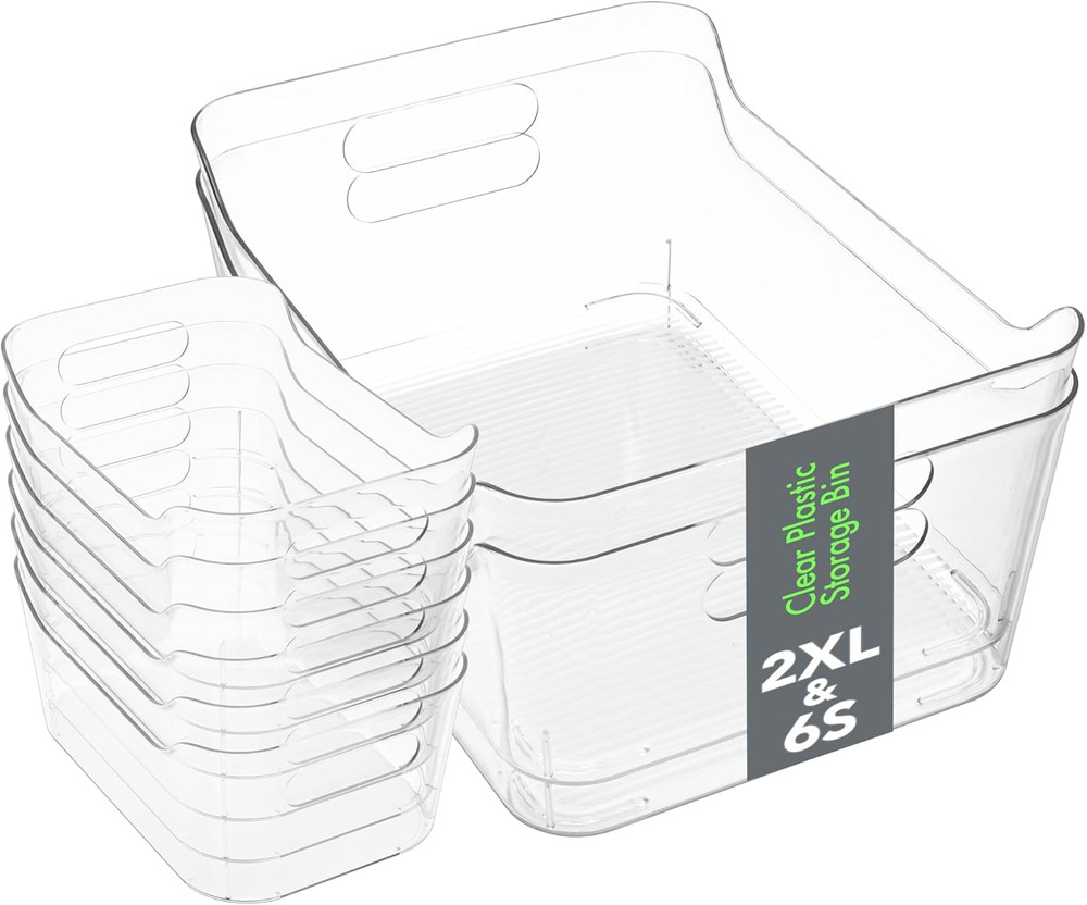 Set 8 Clear Plastic Storage Bins, 2 Extra Large and 6 Small Storage Containers