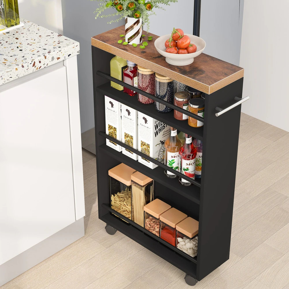 Slim Rolling Kitchen Cart 4-Tier Narrow Storage Organizer on Wheels Rustic Black