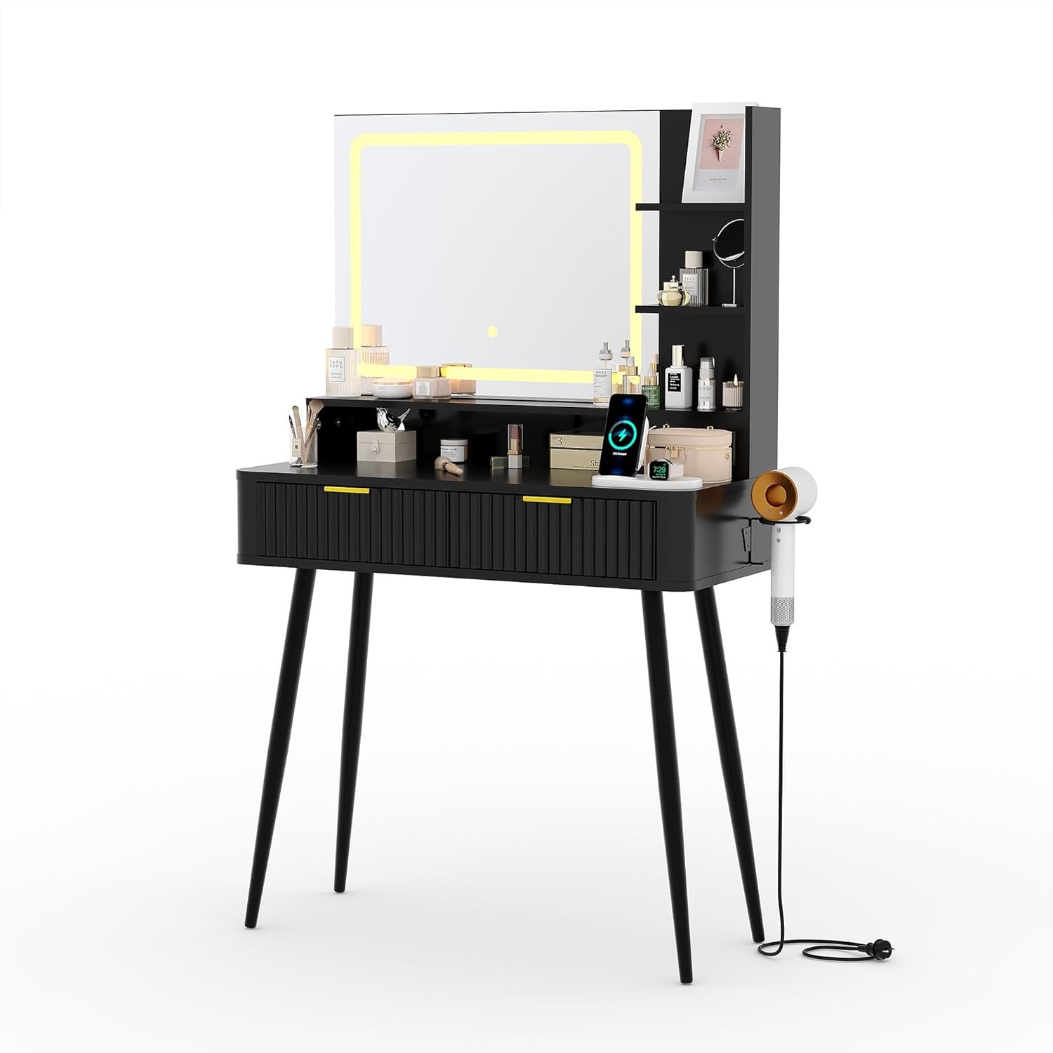 31 in Makeup Vanity Desk Table with Mirror and Lights, Power Outlet & Storage