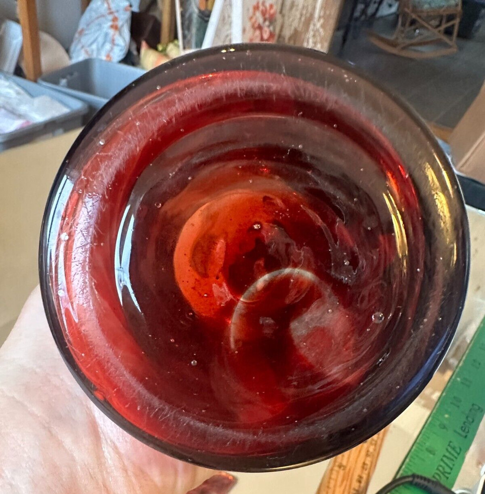 Hand blown Glass Ruby Red Pitcher Applied Ribbed Clear Glass Handle Bubbles Read