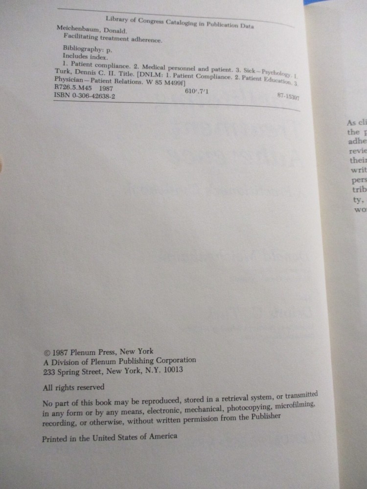 Facilitating Treatment Adherence: A Practitioner's Guidebook HC 1987 Meichenbaum