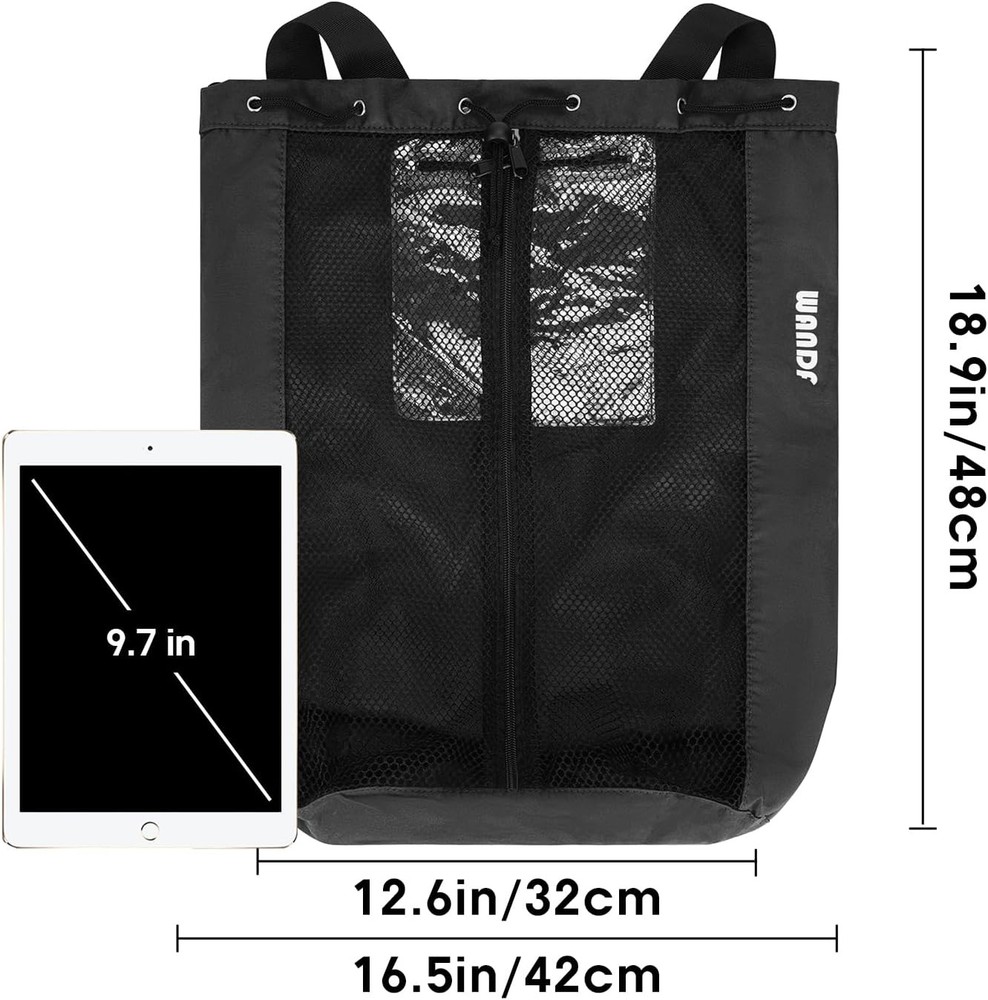 WANDF Swim Bag Mesh Drawstring Backpack Beach for One Size, Black