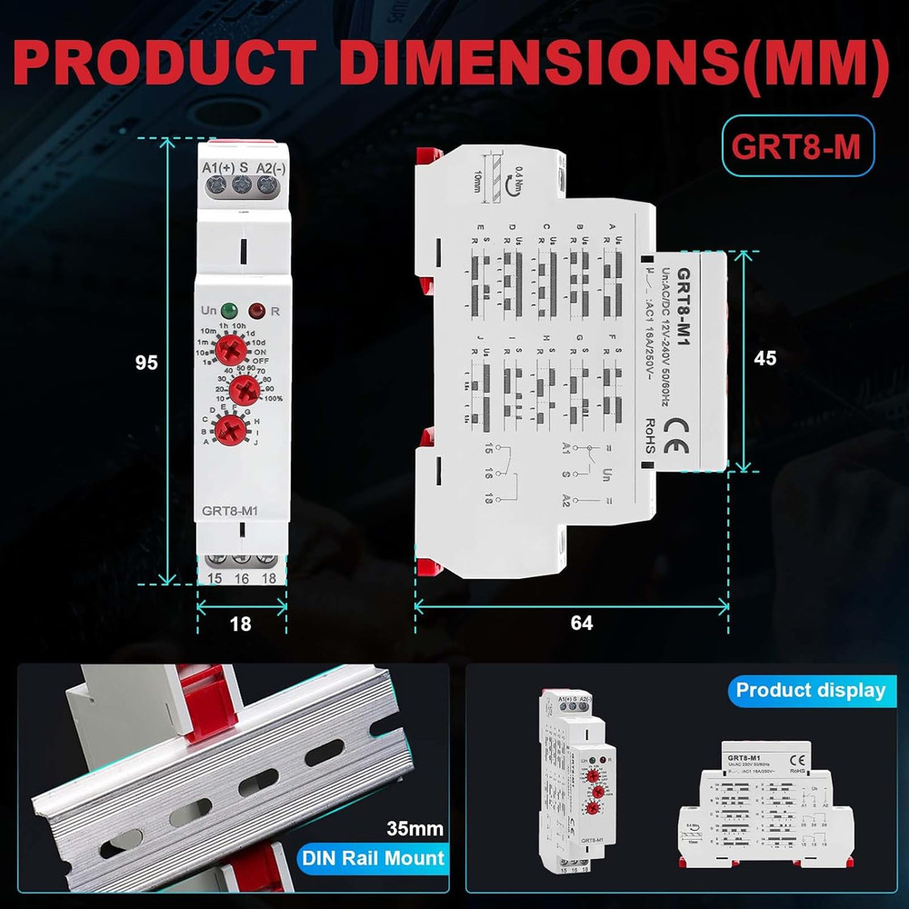 Multifunction Time Delay Relays AC DC 12V-240 Volt, 16A Mini Adjustable Timer Sw