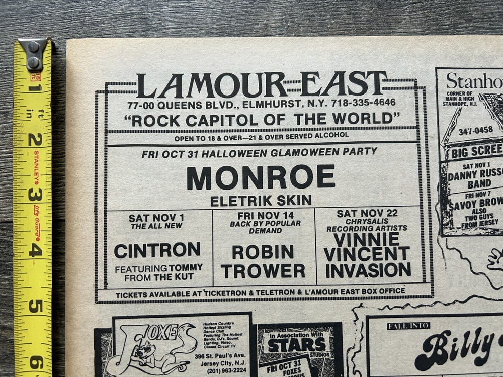 VINNIE VINCENT Invasion Concert Ad Advert 1986 L'Amour East NYC Vintage Kiss B