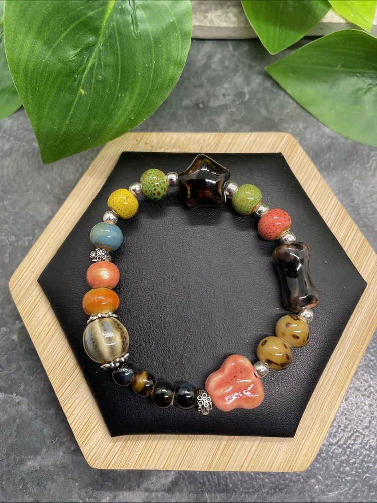 Handmade Ceramic Bead Beaded Stackable 6.5” Plus Stretch Bracelet New B297