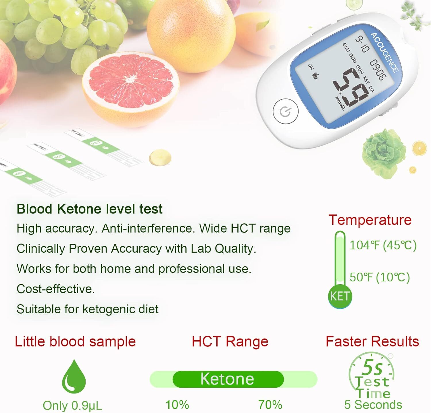 5 Second 3in1 Home Blood Ketone Tester Blood Glucose Meter Uric Acid Test lty