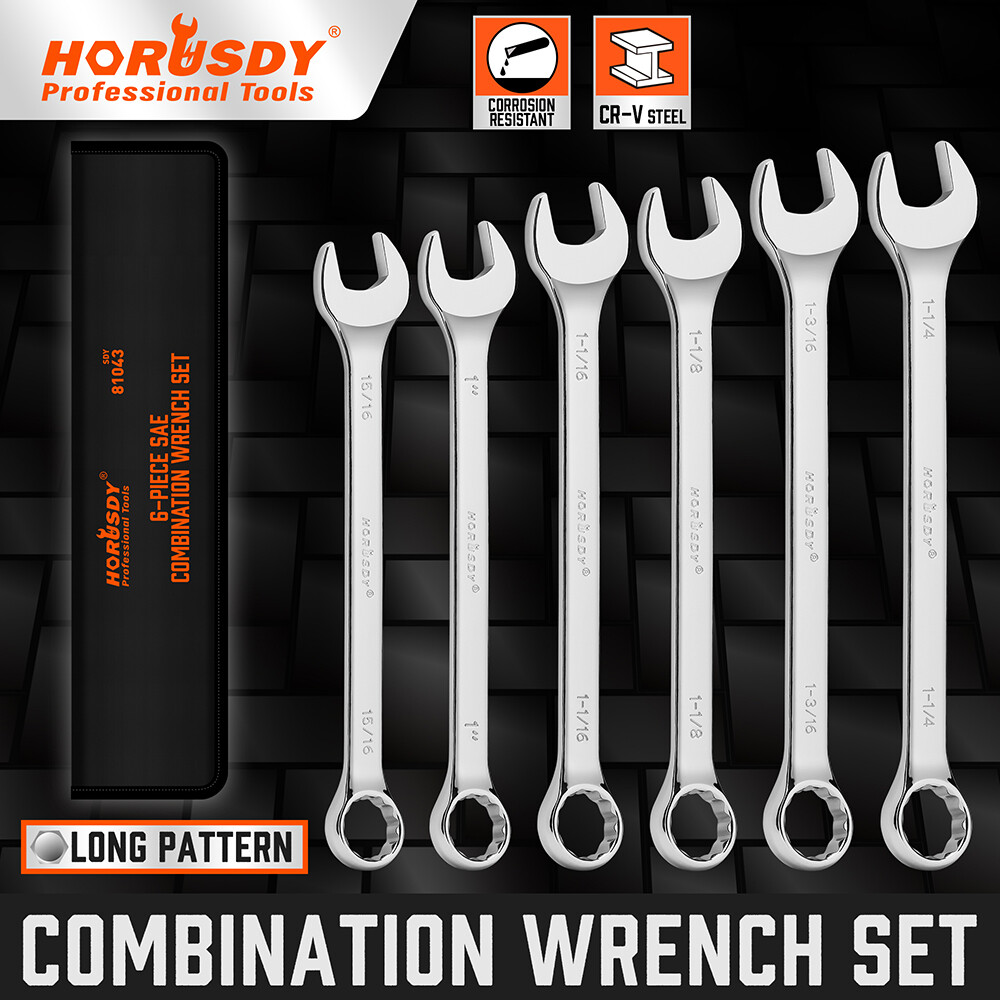 6PC Extra Long Large Wrench Set Ring Open Ended Combo Spanner with Rolling Pouch