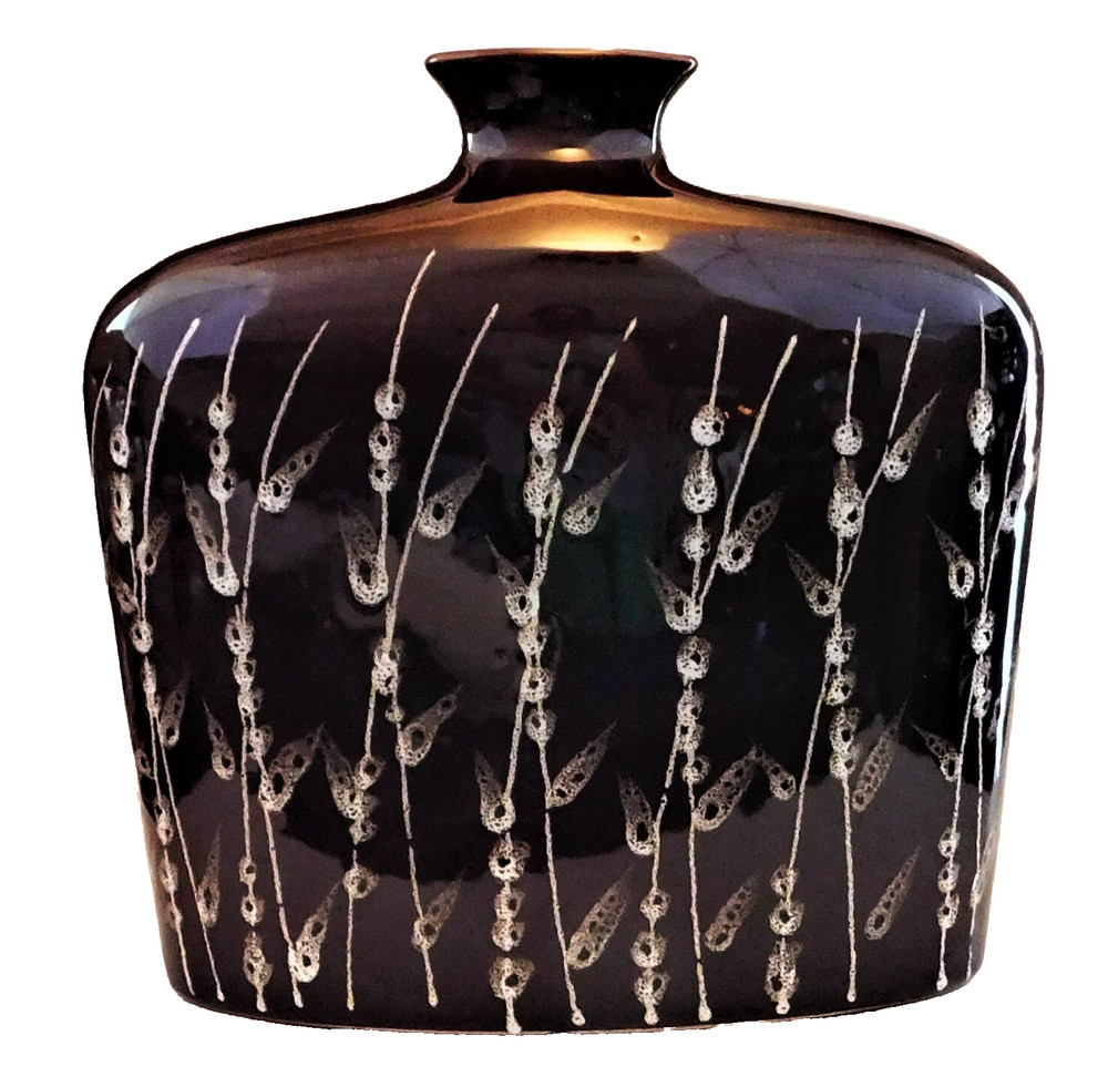 Vase Ceramic Large Brown White Grass Leaf Pattern Bottle Shape Unmarked
