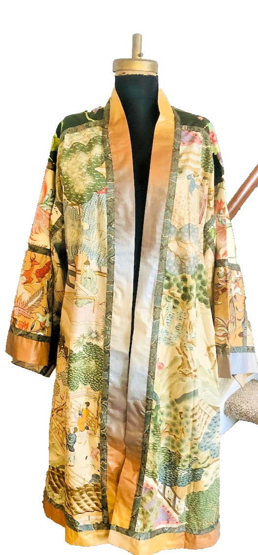 Handmade Cotton Kimono Robe with Obi Sash, Chinoiserie Print S