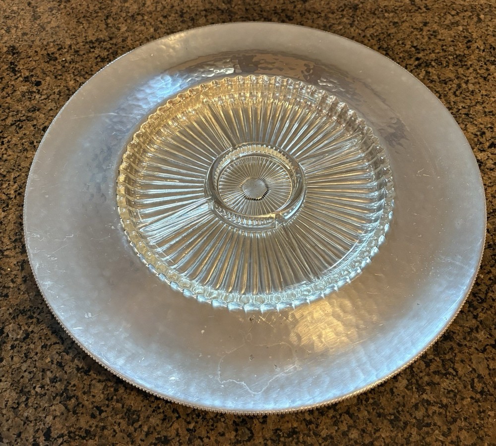 Vintage Aluminum Serving Platter With Removable Glass Insert Snacks Appetizers