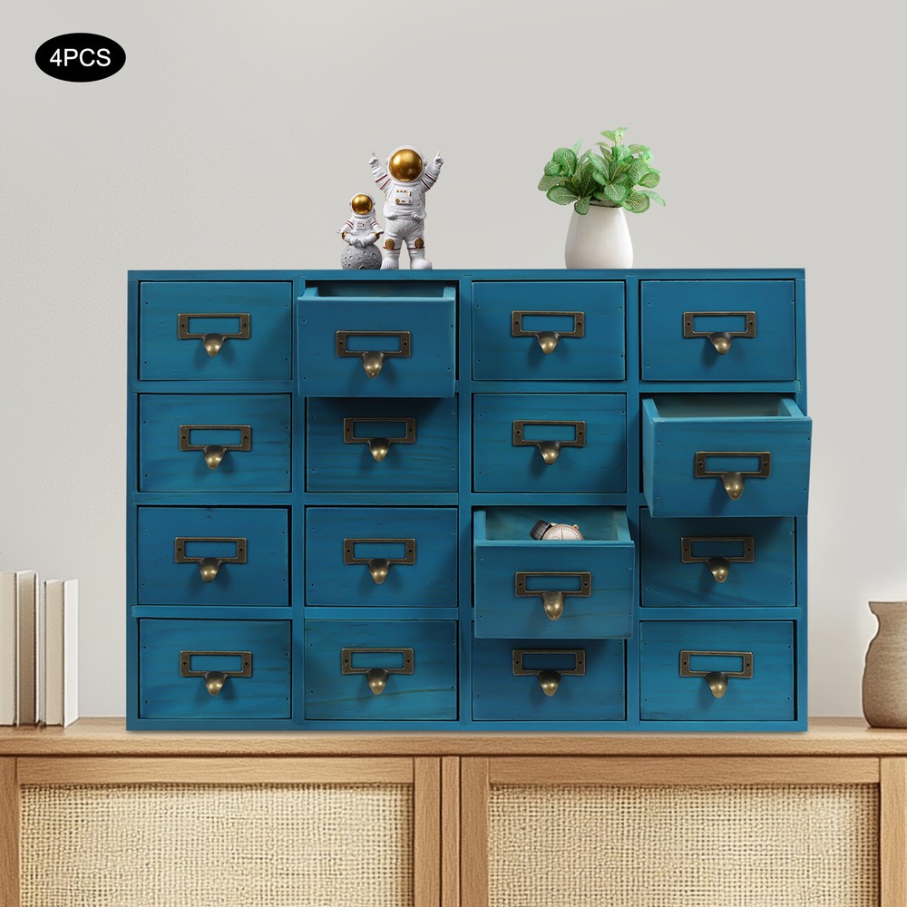 4 PCS 16-Drawer Blue Cabinets Rectangle Storage Cabinet 64-Drawer Storage Box