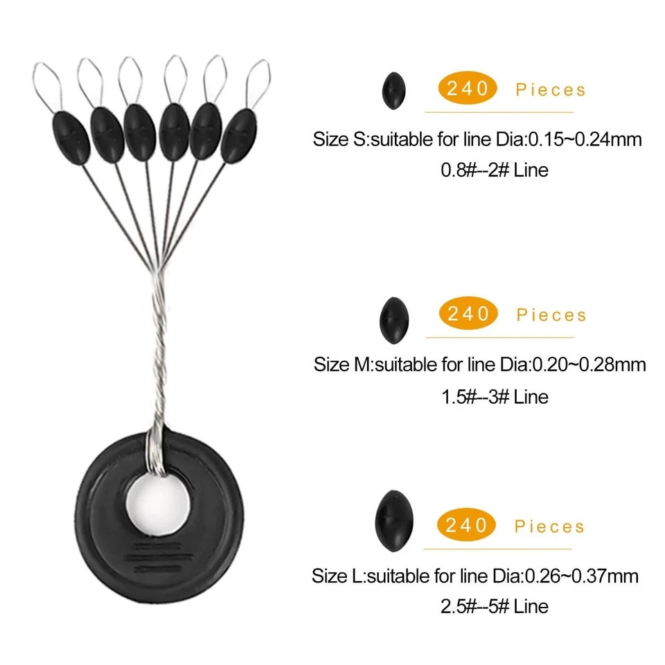 720 PCS Fishing Bobber Stopper Oval Floats Sinker Stops 6 in 1 Black Rubber Size