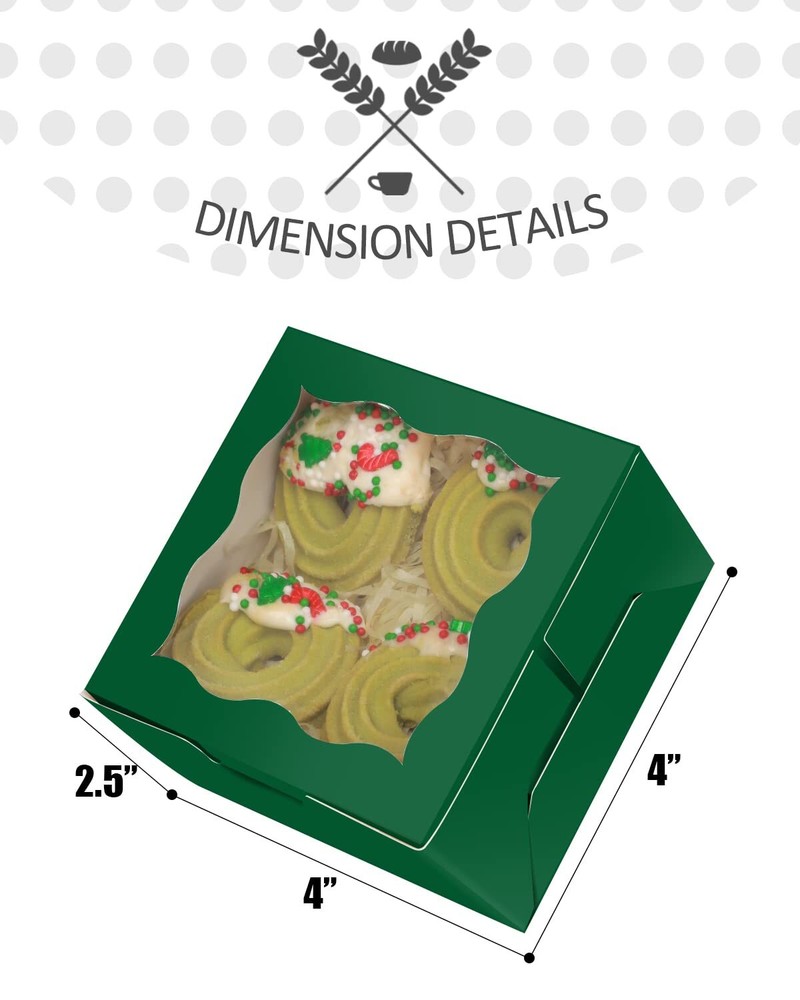 Deep Green Bakery Boxes with Window 55pcs 4x4x2.5" Mini Cookie Macaron Boxes