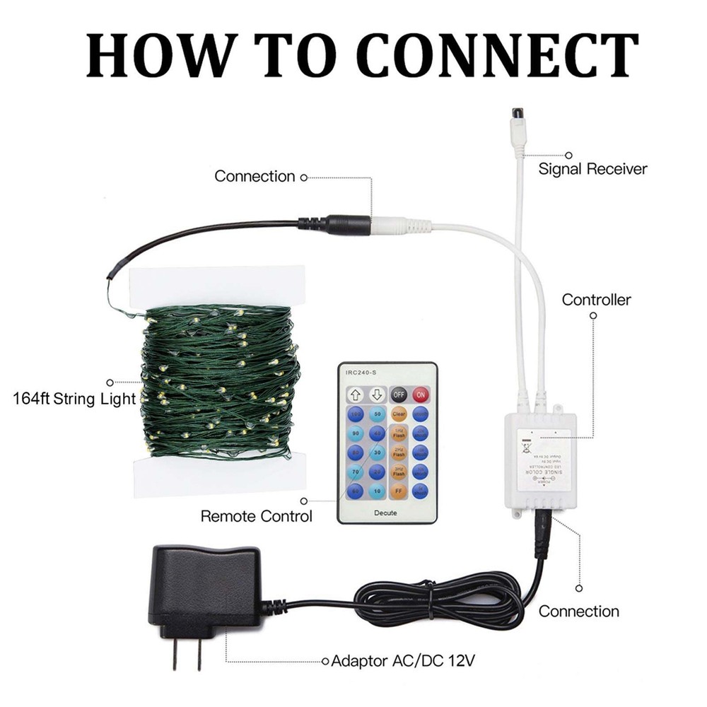 Decute 500LED 164FT Christmas Tree String Lights Green Wire Dimmable with Remote