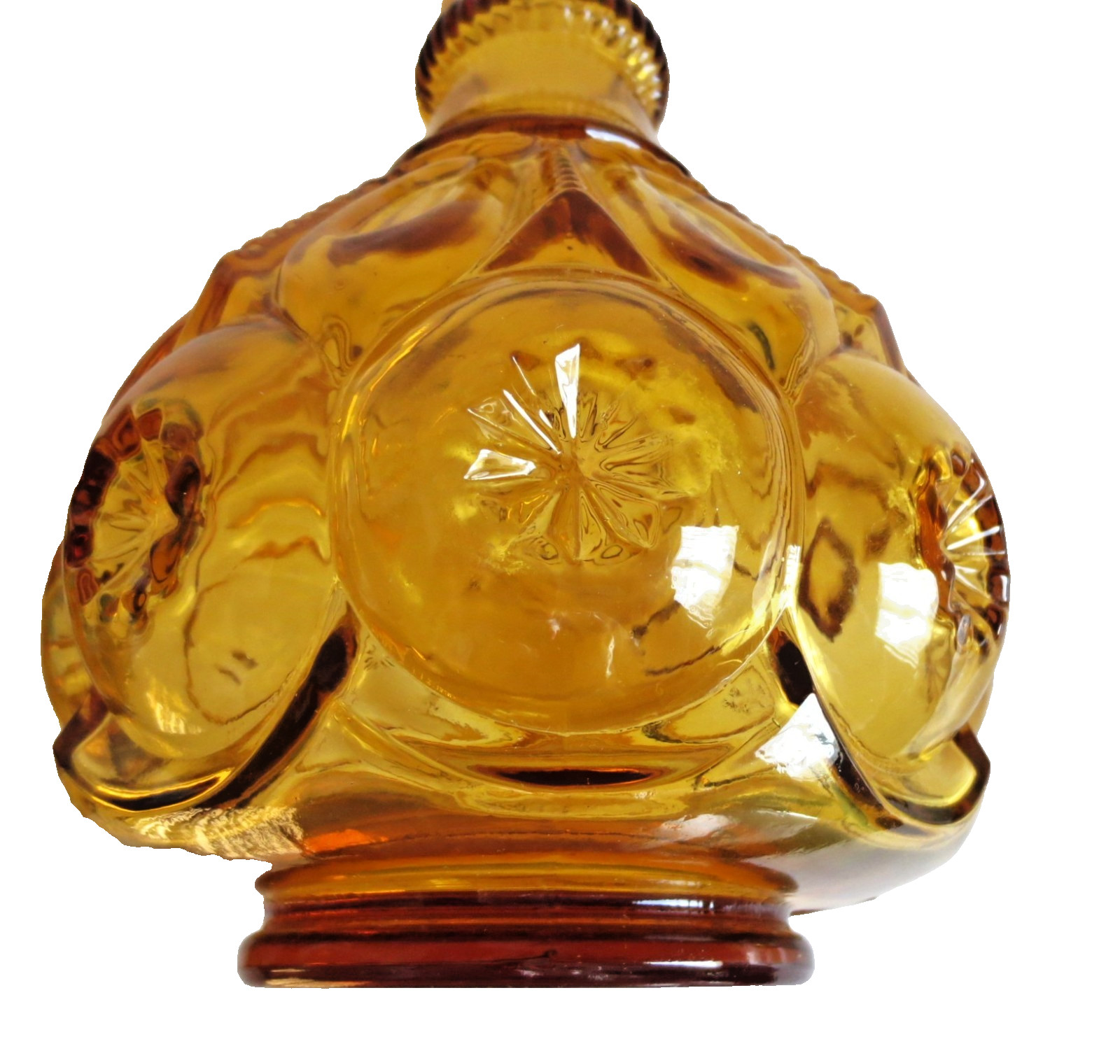 MCM CRYSTAL DECANTER STOPPER AND 5 CORDIAL/SHOT GLASSES AMBER BROWN GLASS VTG