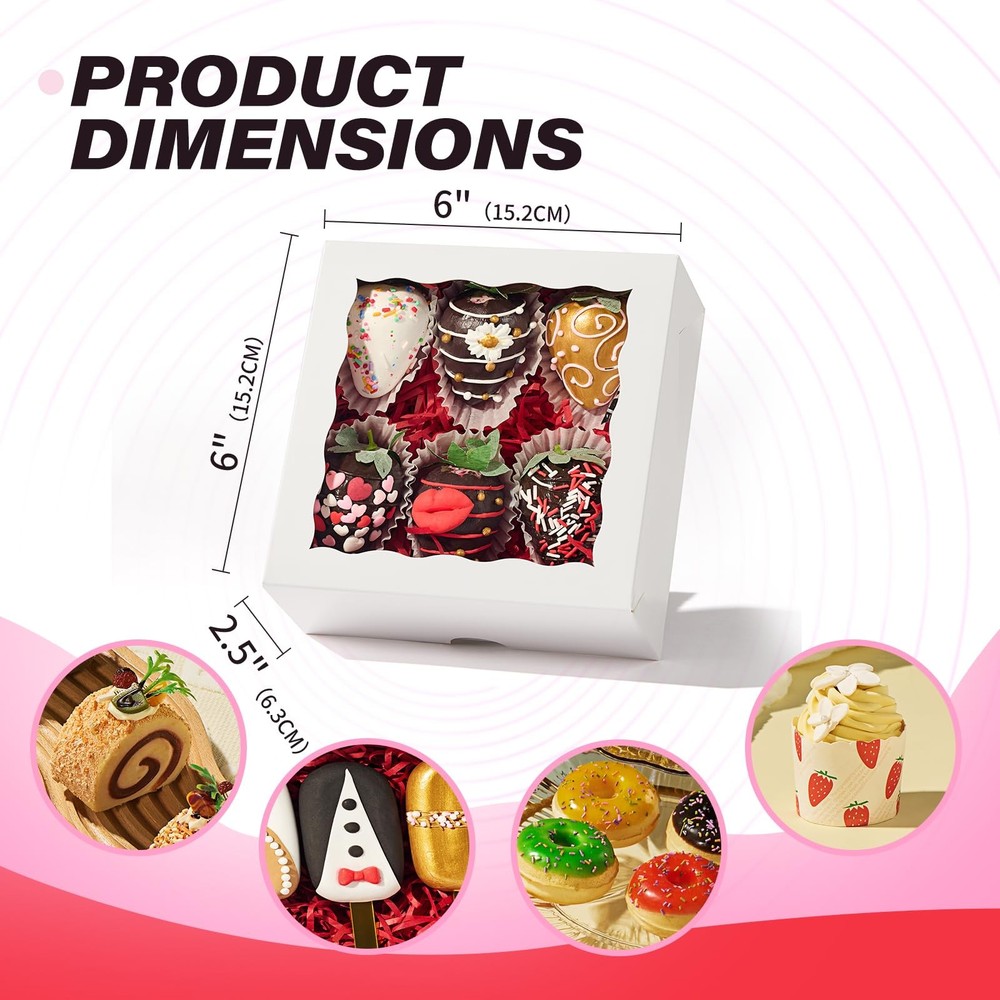 100PCS 6"x6"x2½ Bakery Boxes with Window Cookie Boxes Small Cake Boxes Macaro...