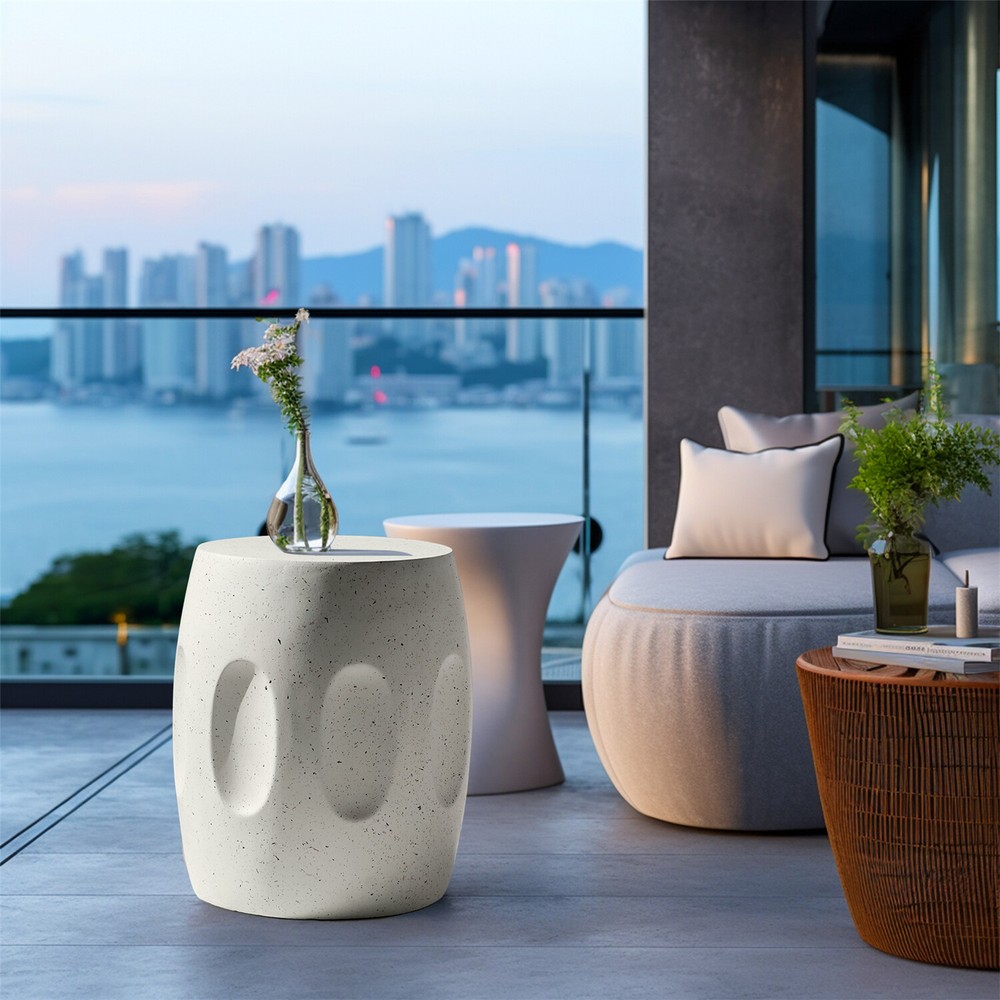 Off-white Round End Table Coffee Sofa Side Table Drum Shape Solid Concrete