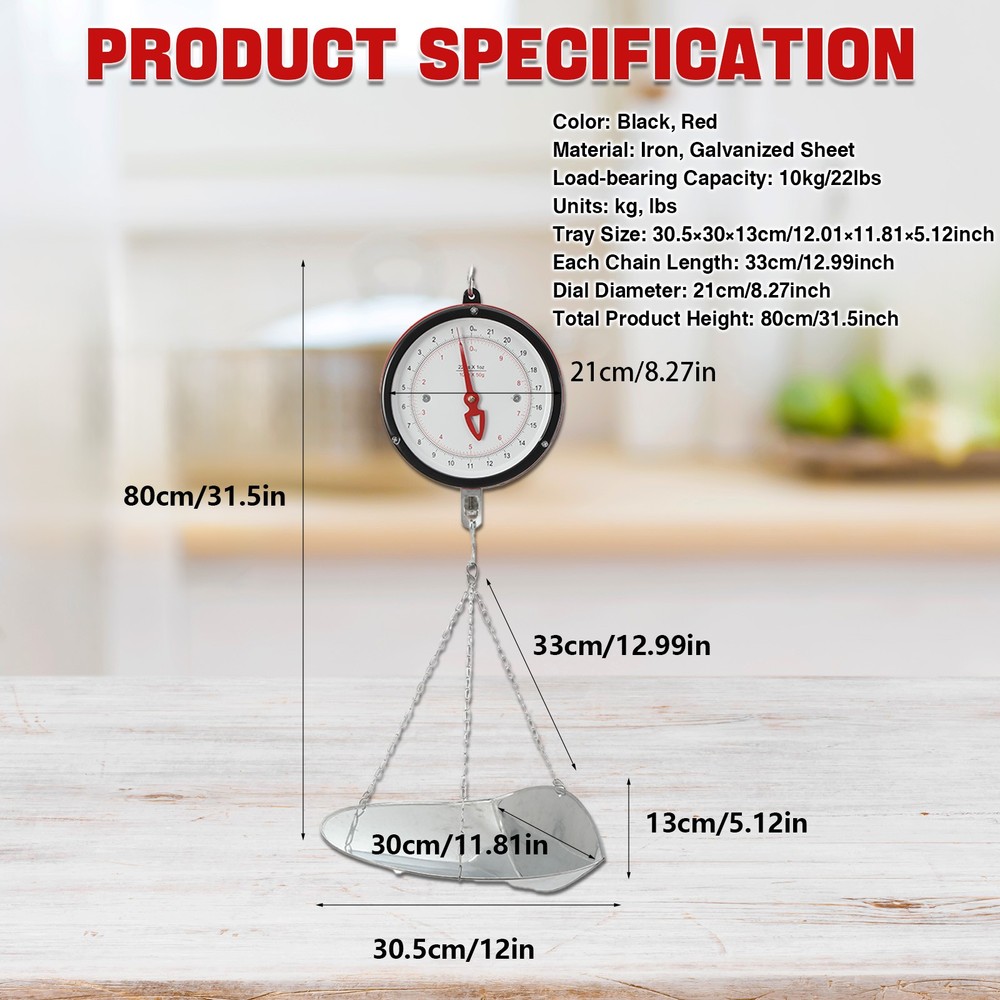22LBS Double-Sided Dial Mechanical Hanging Scale with Scoop & Chain