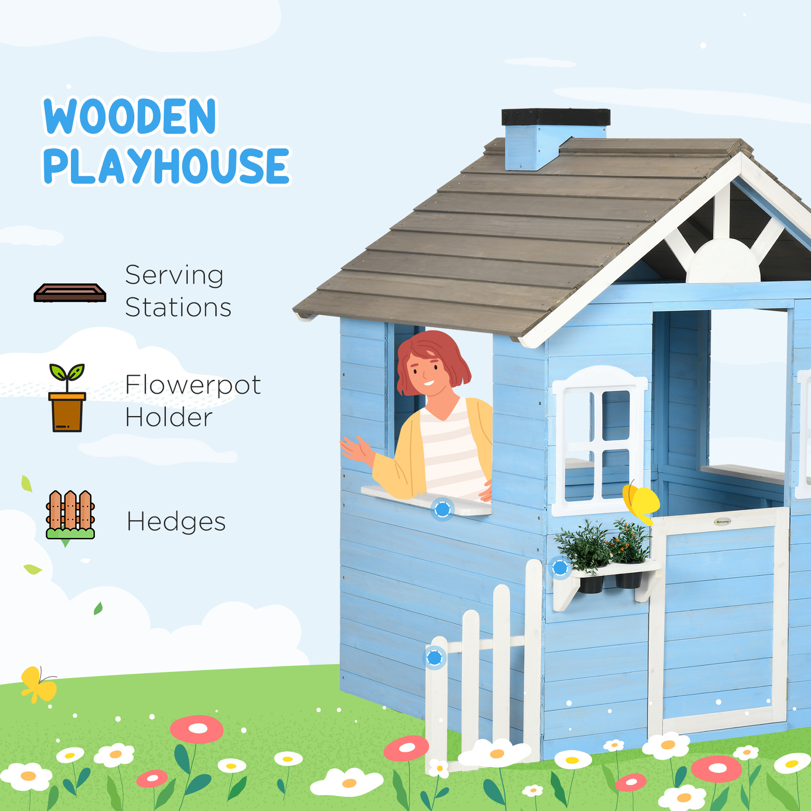 Wooden Playhouse for Kids Outdoor with Flower Pot Holders, Blue