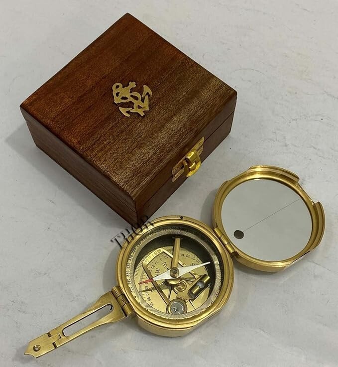 Brass Compass Antique Looking Engraved Designer with Leather case Working Brass