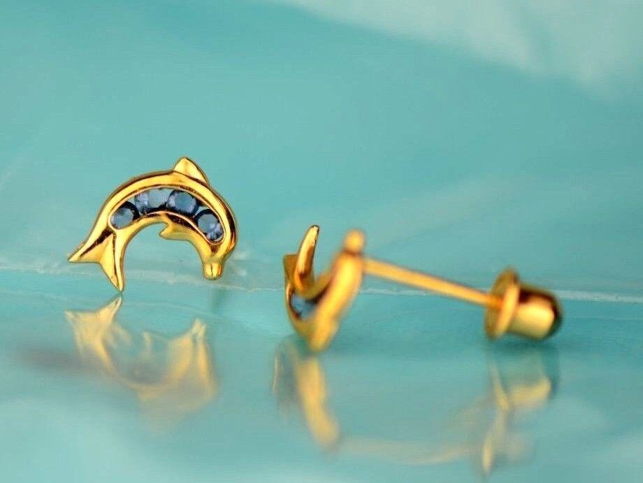 14k Yellow Gold CZ Dolphin Stud Earring