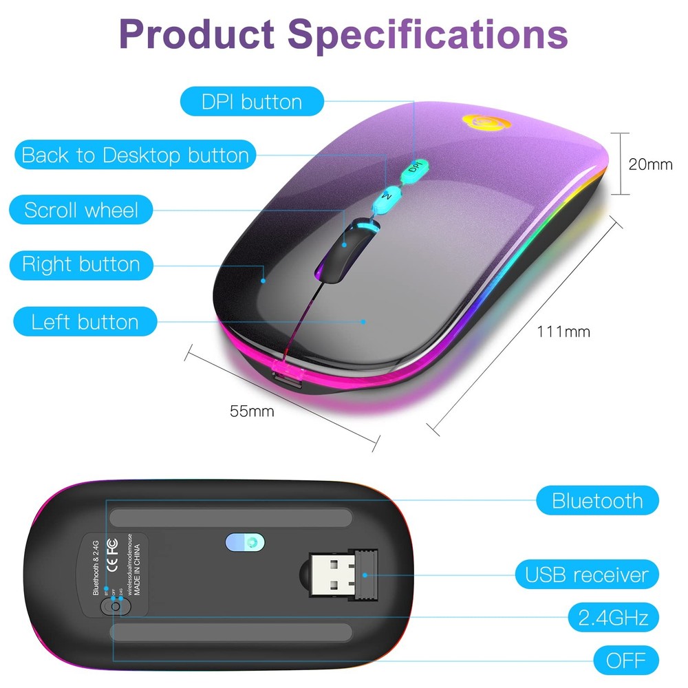 LED Wireless Mouse, Bluetooth Mouse &2.4GHz Instant Connection,Rechargeable U...