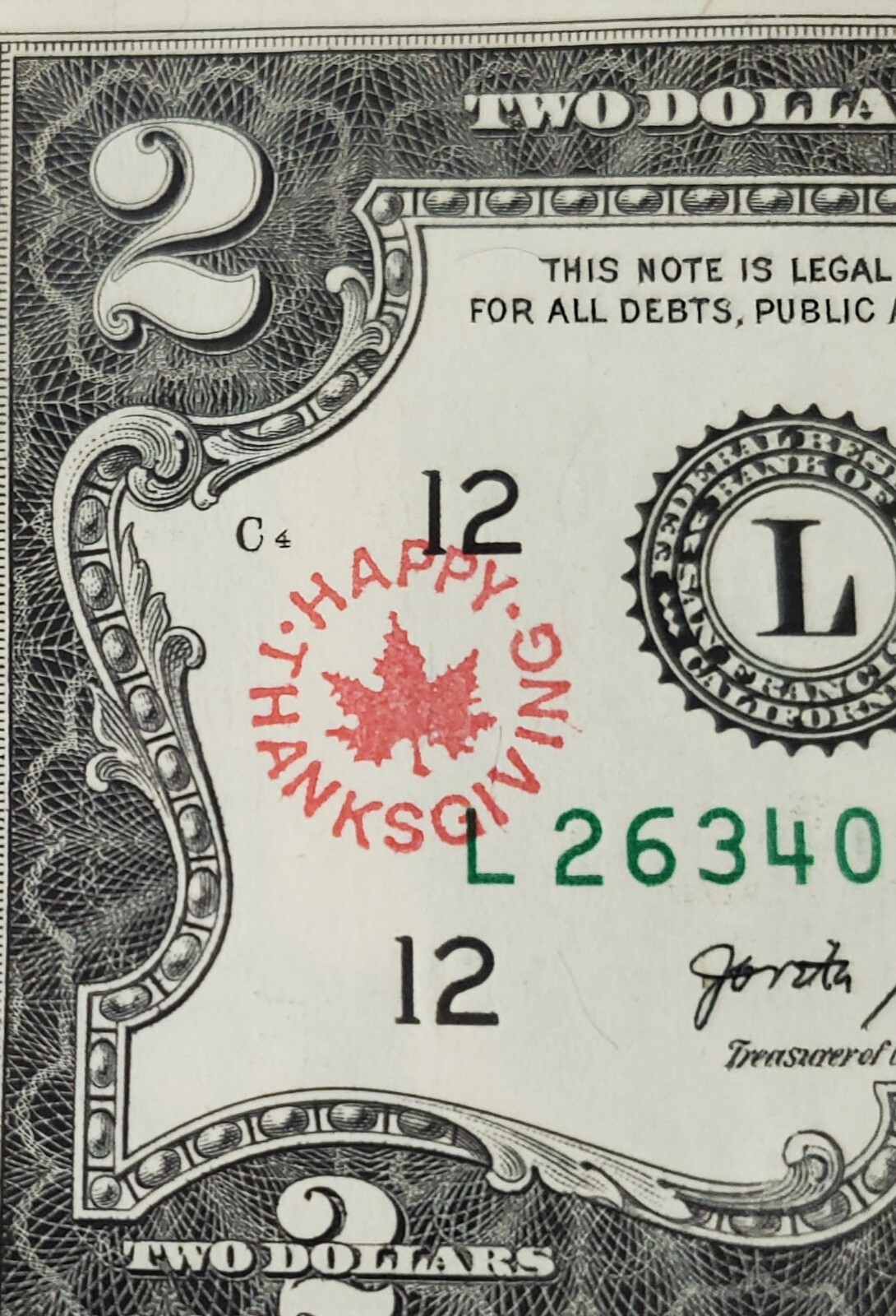 1 LUCKY Uncirculated Two Dollar Bill with Thanksgiving Stamp With 2MIL Sleeve!