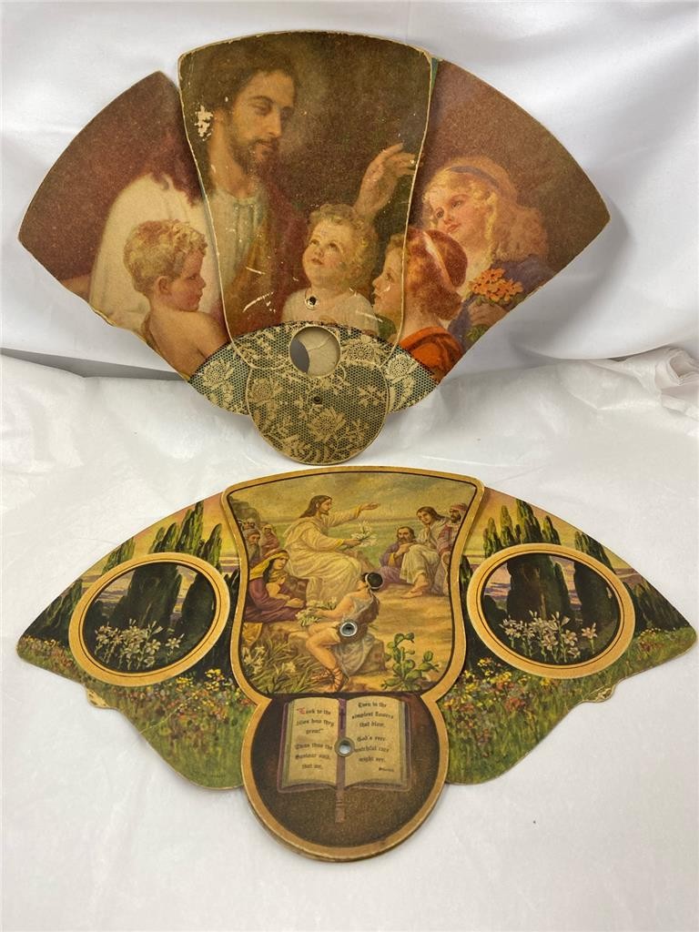 2 Vintage Religious Trifold Handheld Funeral Home Advertising Folding Fans