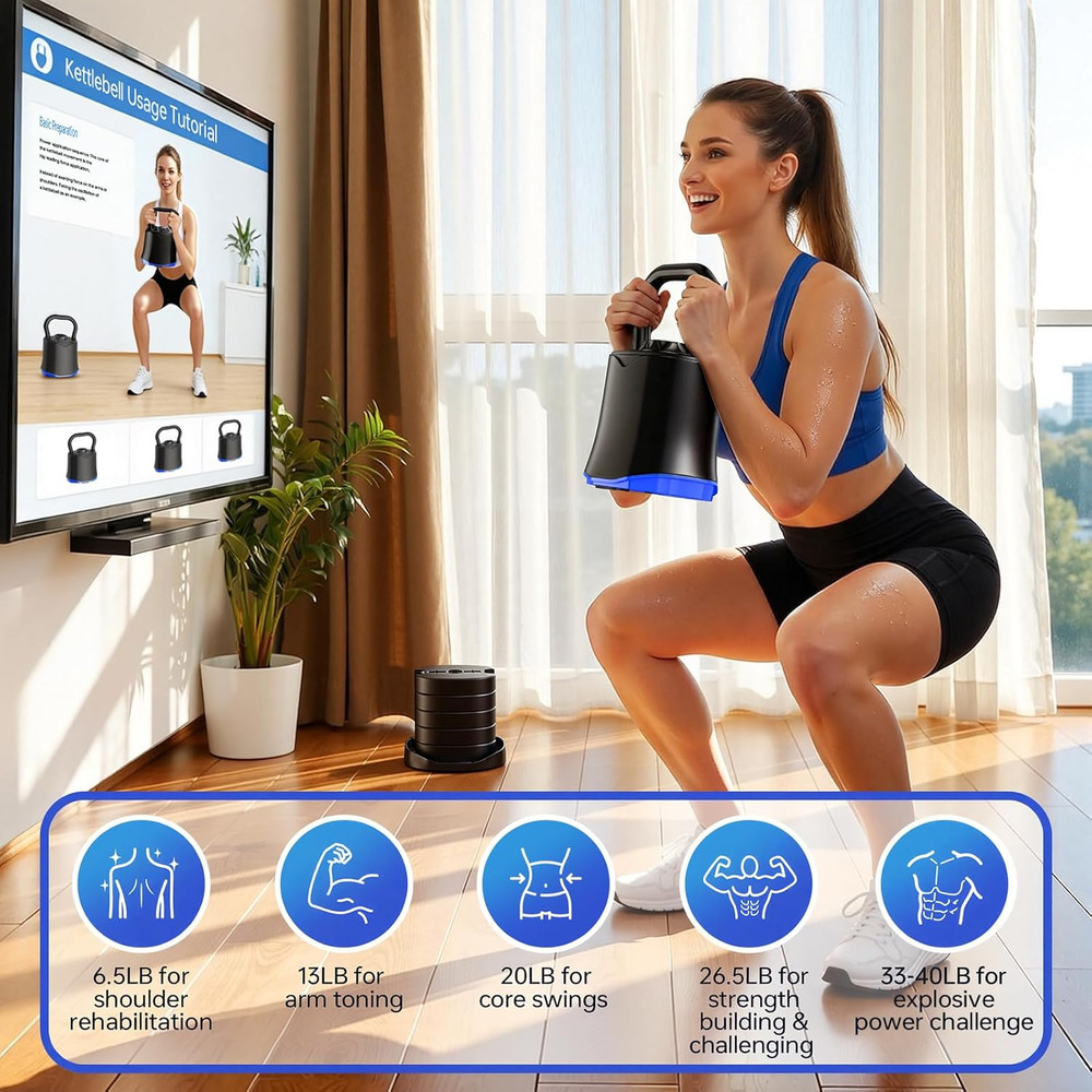 Adjustable Kettlebell，6-In-1 Quick Change Adjustable Kettlebell Set (6.5-40 LBS)