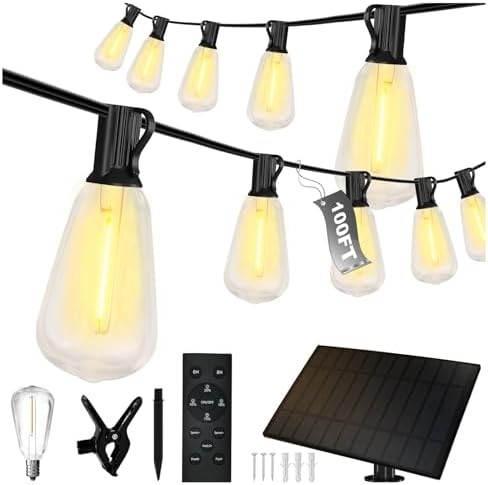 100ft Solar String Lights Outdoor Warm White, Waterproof