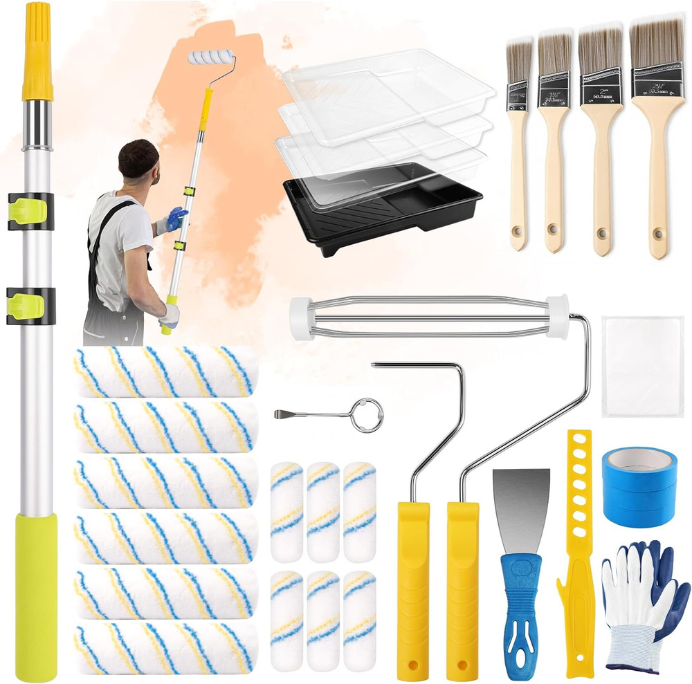 32PCS Paint Roller Kit with 2-4Ft Extension Pole, 9" & 4" Roller Covers, Paint B