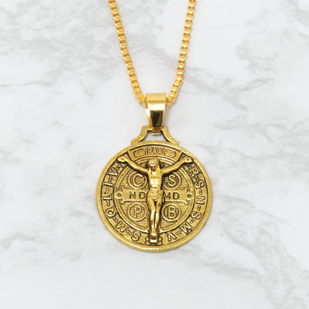 Gold Jesus Crucifix Saint St Benedict Medal Cross Pendant Necklace 24" Box Chain