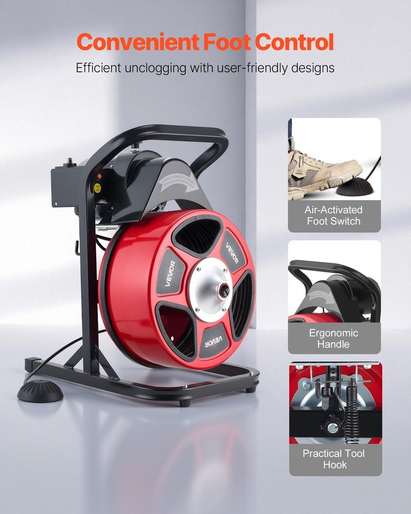 Sewer Snake Machine 50ft 1/2", 4 Interchangeable Cutters