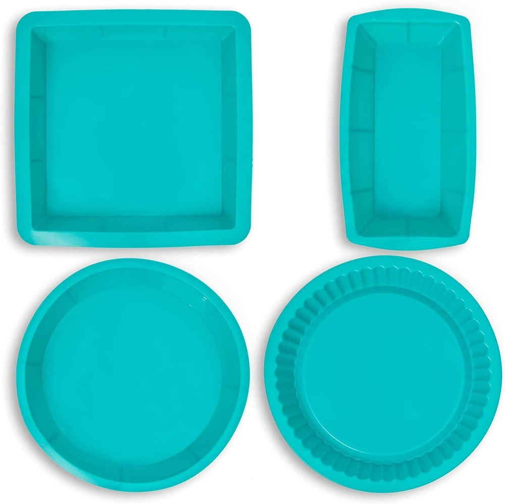 Silicone Baking Pans Set - 4-Piece Teal Set: Square, Rectangular, round Cake & P
