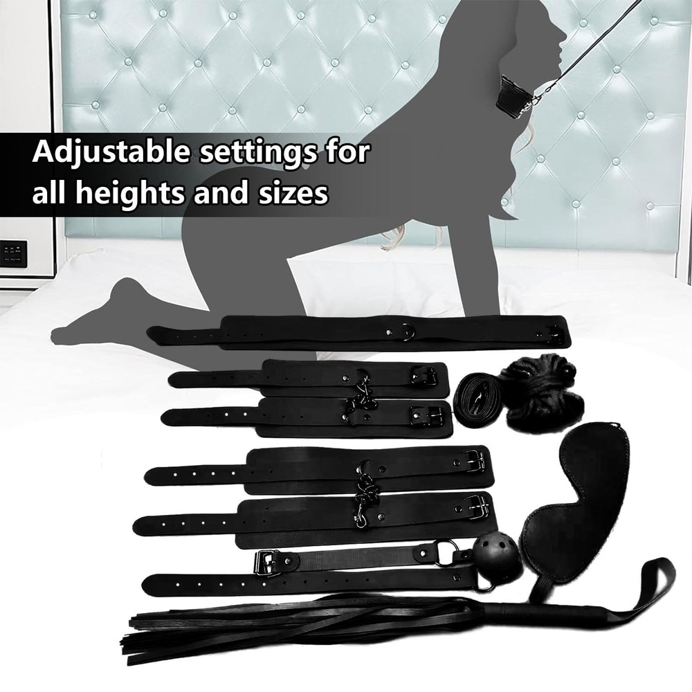 7-Pcs BDSM Kit for Beginners, Black Bondage Set for Couples with Adjustable W...