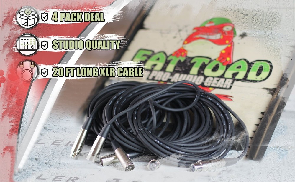 Microphone Cables by FAT TOAD | (4 Pack) 20ft Pro Audio XLR Mic Cord Patch
