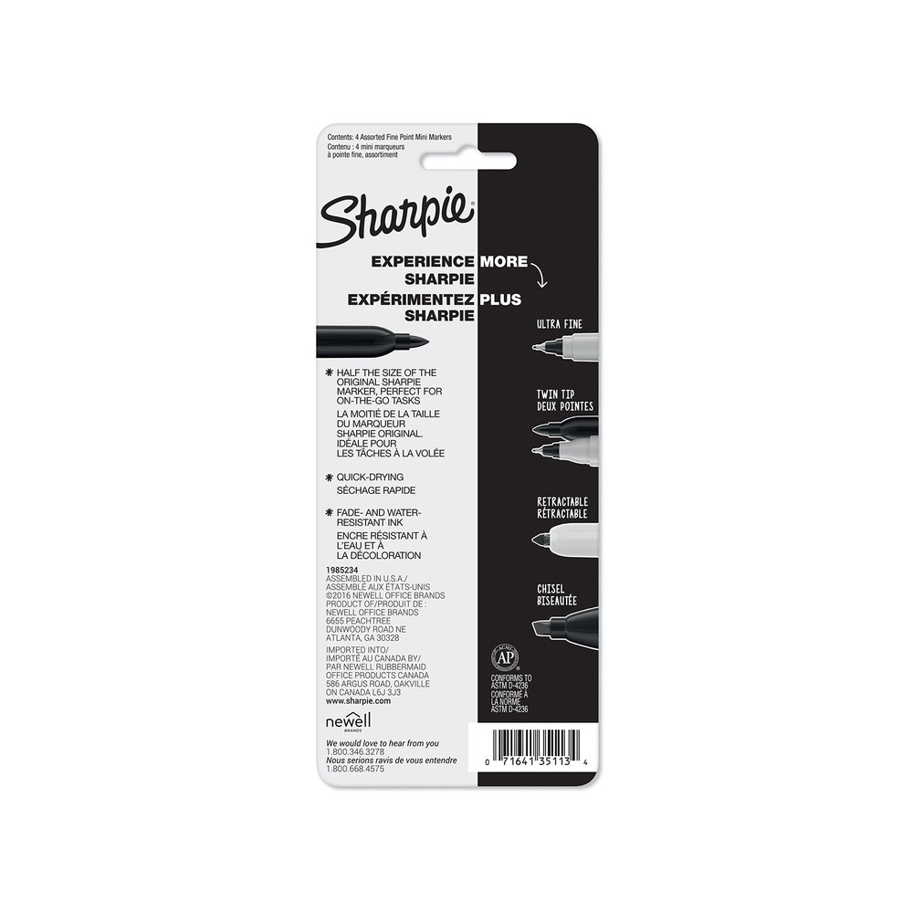 Sharpie Mini Permanent Markers, Fine Point, 1 Count (Pack of 4), Assorted