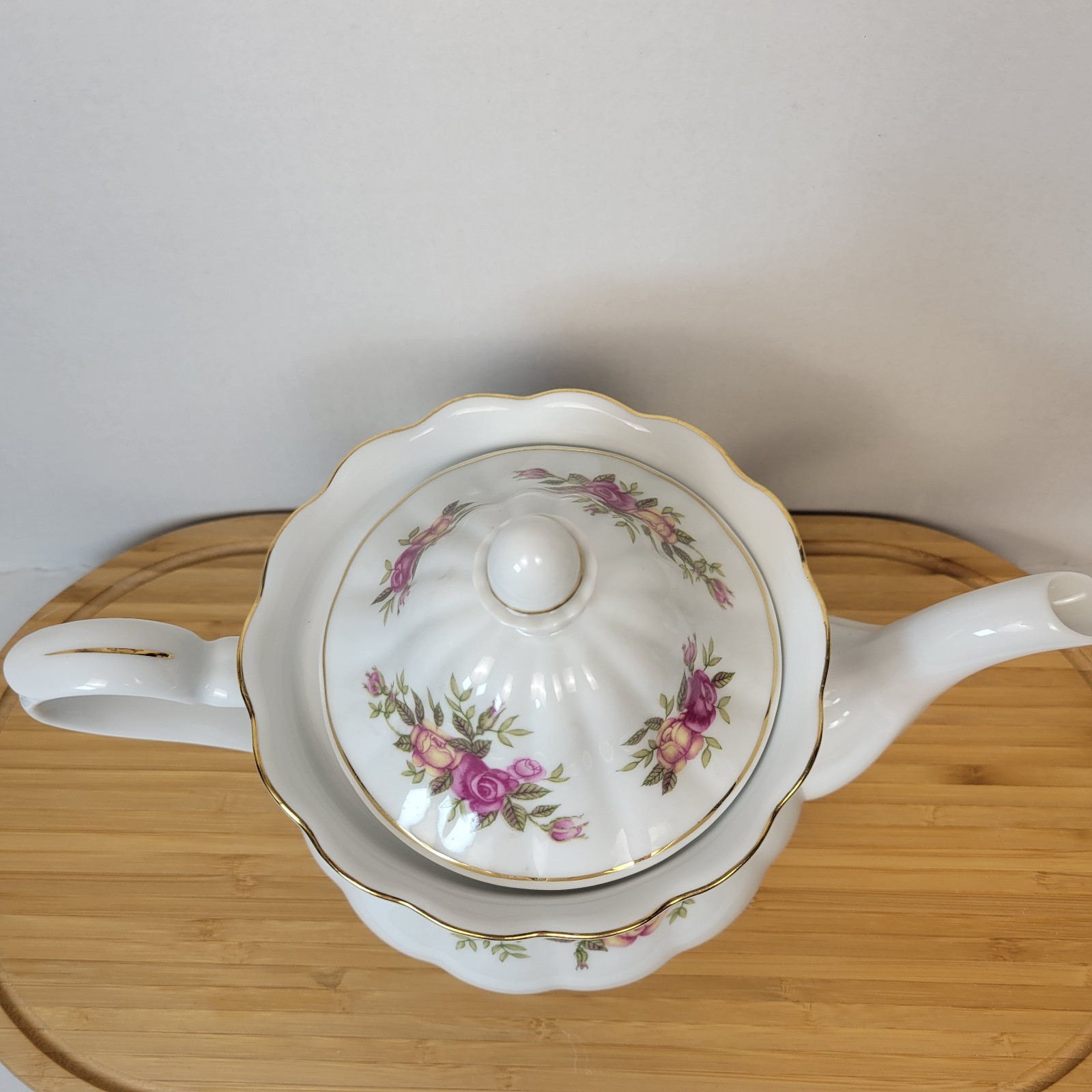 Crystal Clear Porcelain Teapot Pink Roses Gold Trim Poland Floral Tea Pot