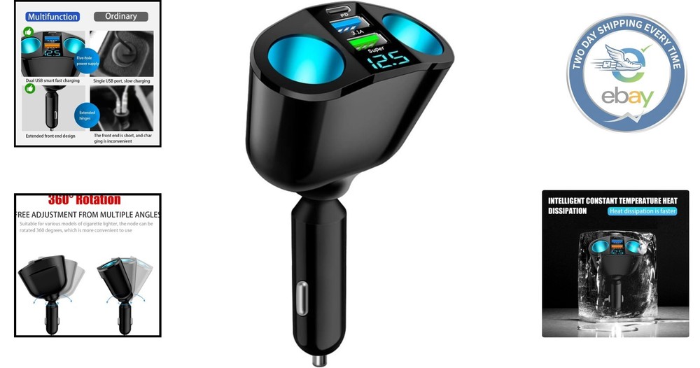 2-Socket Car Cigarette Lighter Splitter with Fast Dual USB & Type-C Charger