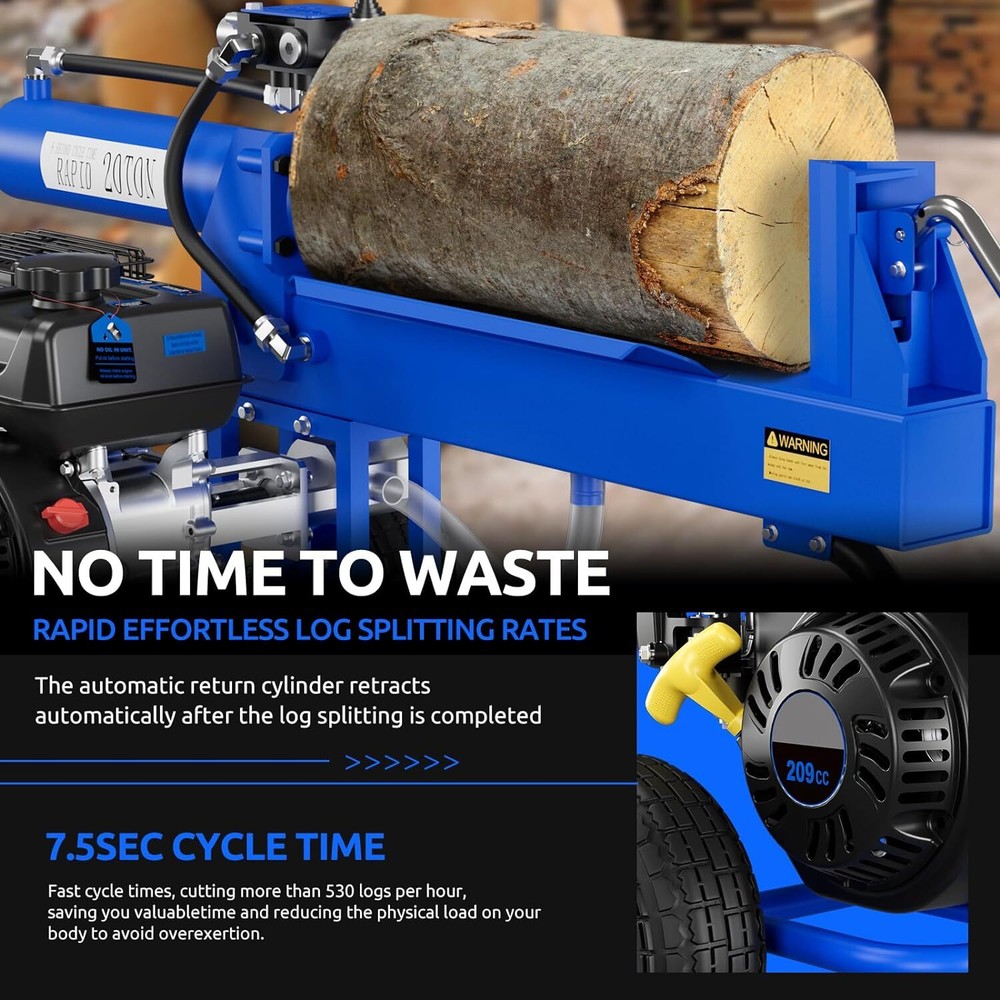 Efurden Gas Log Splitter Portable with 7 HP-4 Stroke Engine Automatic Return