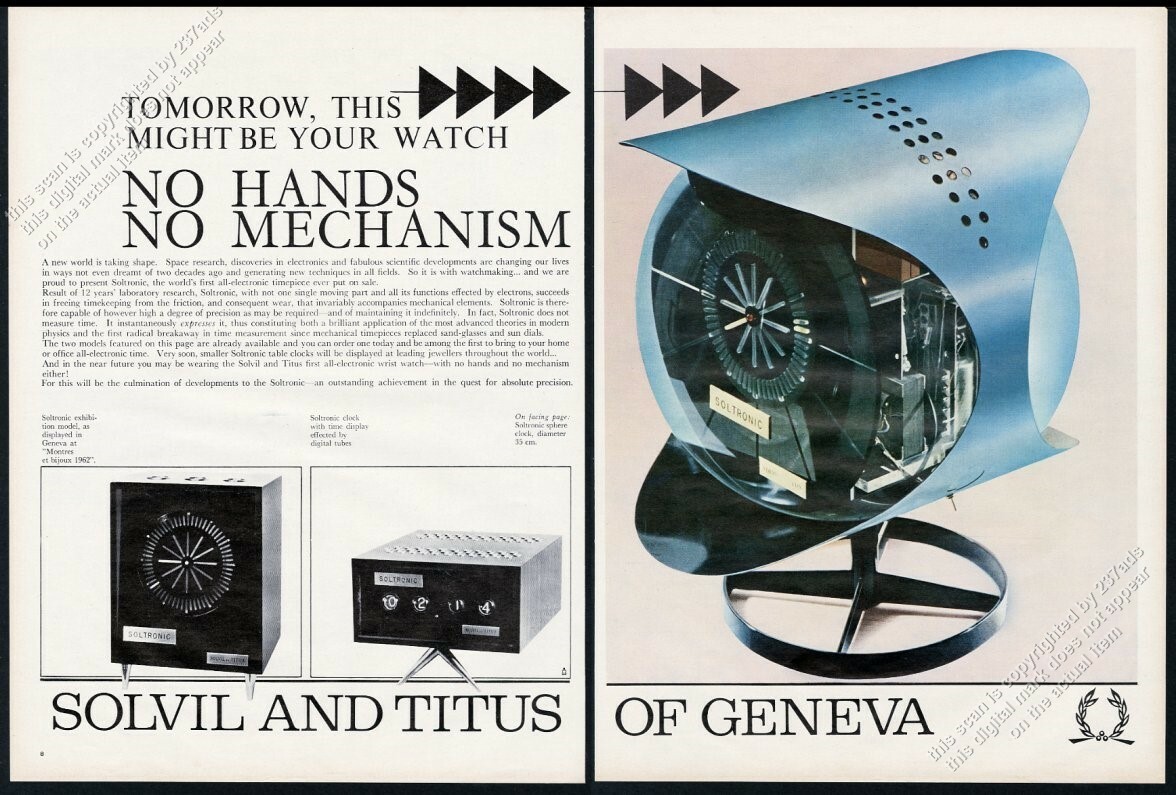 1962 Solvil and Titus Soltronic Sphere clock 3 models photo vintage print ad