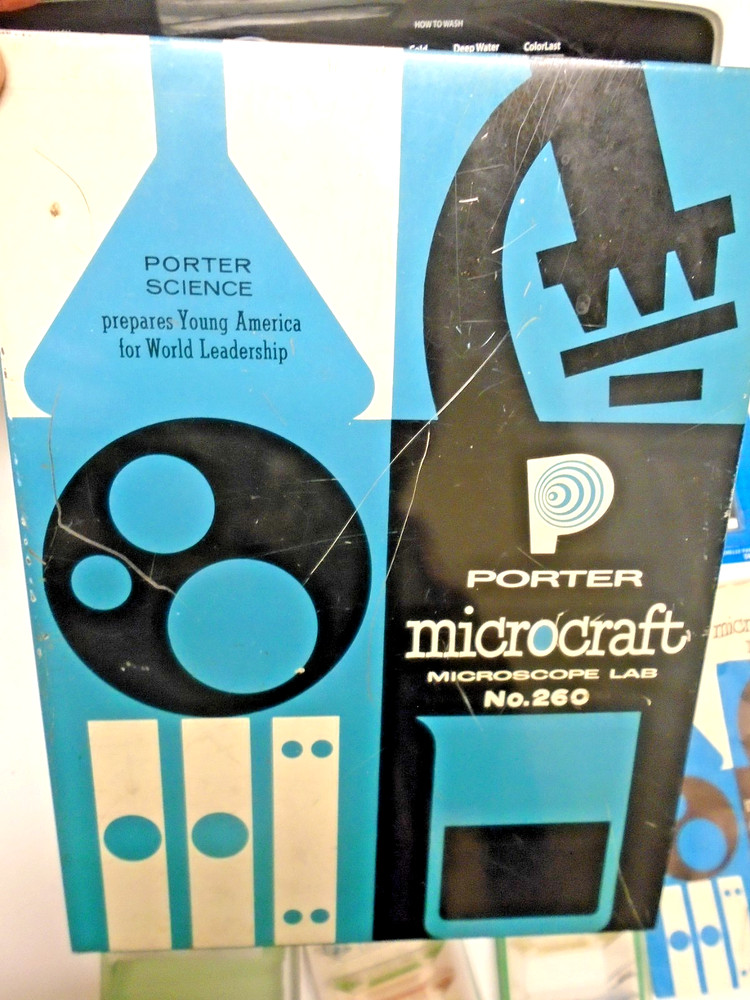 1960 Porter Microcraft Electric Microscope Lab+Prepared slides,blank slides