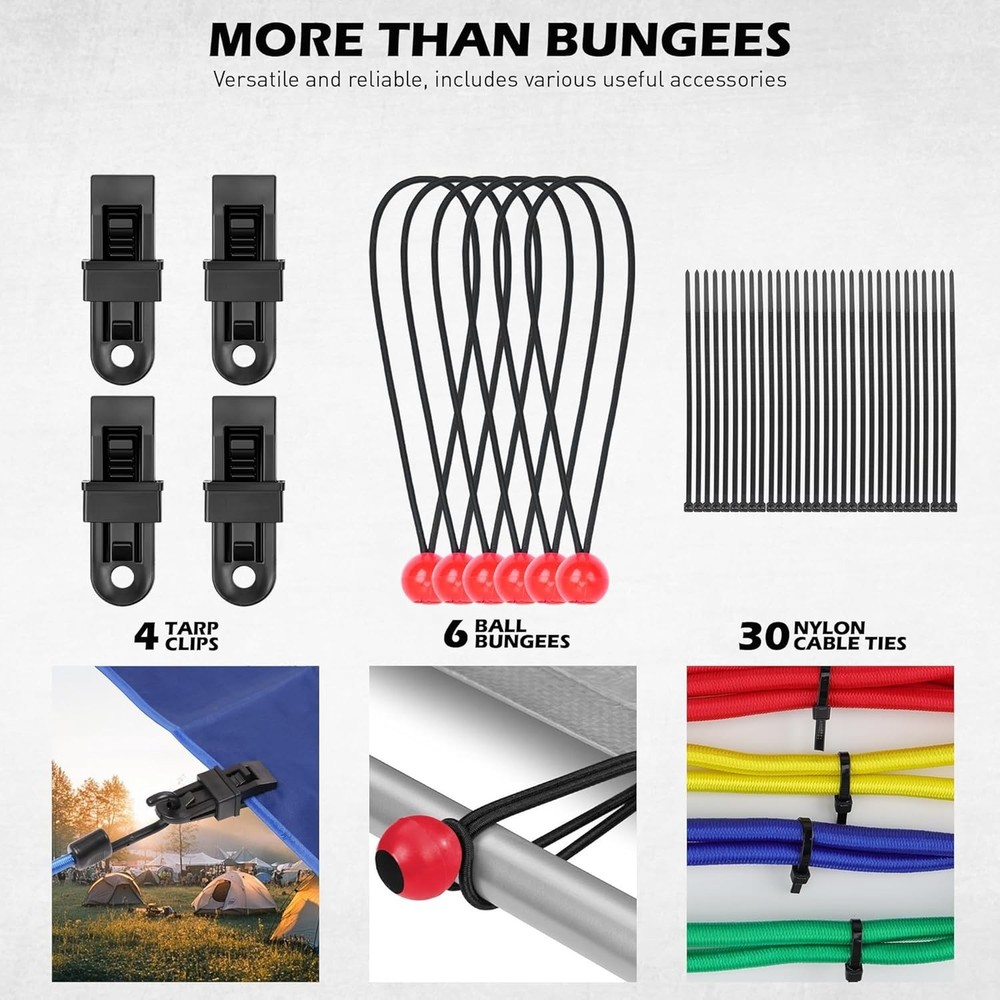 Multi-Purpose Bungee Cords - 60 Assorted Cords for Cargo & Outdoor Tasks